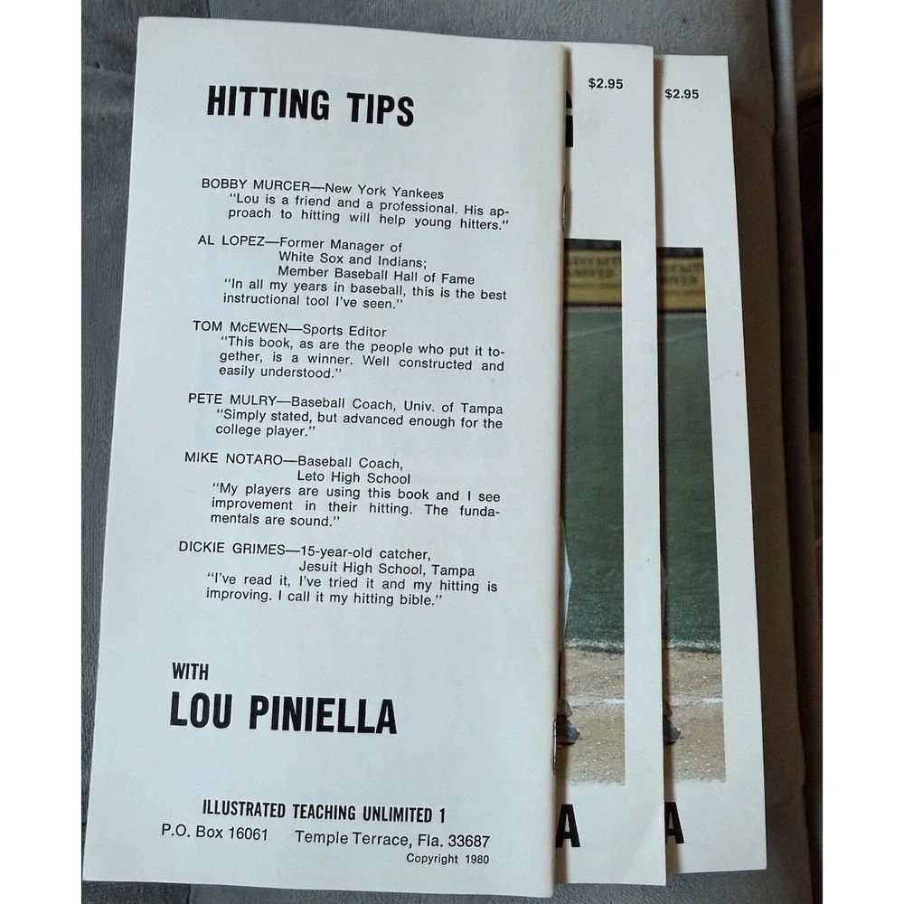 Set Of‎ Three Hitting Tips With Lou Pinella vintage baseball instruction booket